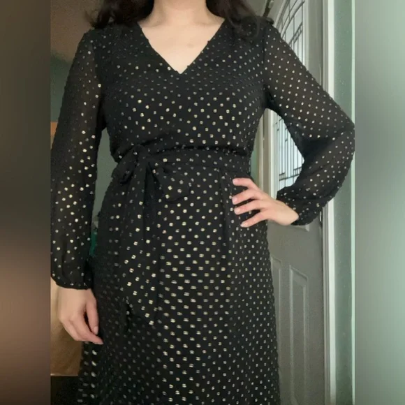 J.Crew Black and Gold Polka Dots Midi Dress - Picture 3 of 9
